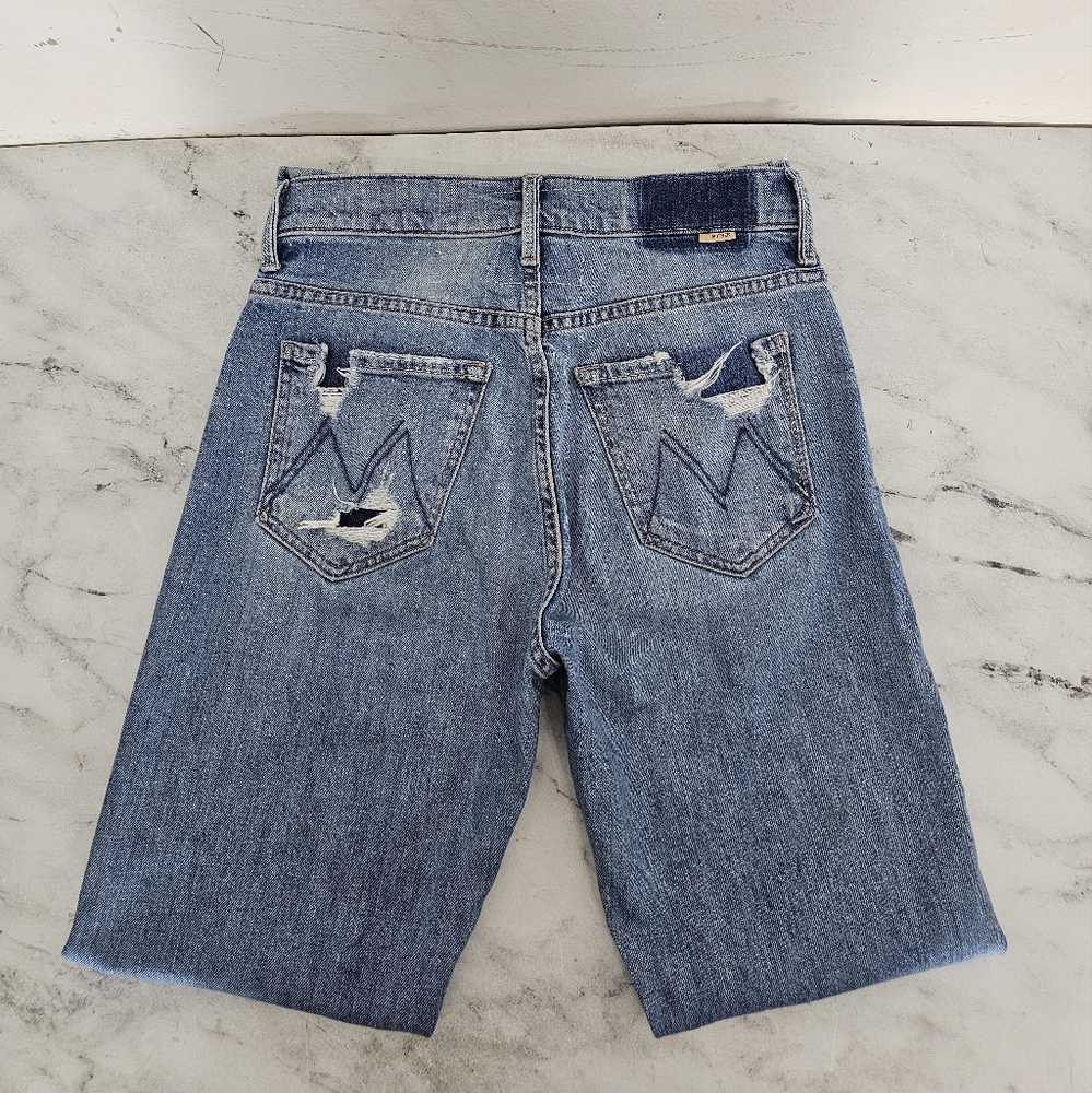 MOTHER High Waisted Hiker Hover High Rise Distressed Straight Leg Blue Jeans 25 - Picture 6 of 11